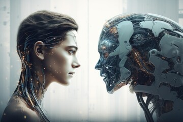 Poster - machine learning ai hands of robot and human touching on big data network connection, generative ai