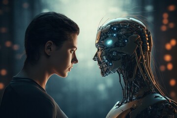Poster - machine learning ai hands of robot and human touching on big data network connection, generative ai