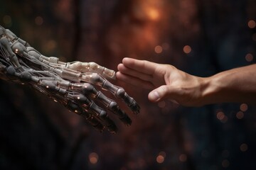 Poster - machine learning ai hands of robot and human touching on big data network connection, generative ai