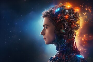 Poster - machine learning ai hands of robot and human touching on big data network connection, generative ai