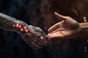 Poster - machine learning ai hands of robot and human touching on big data network connection, generative ai