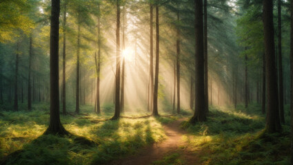 Wall Mural - Panorama of a forest with the sunlight through the trees