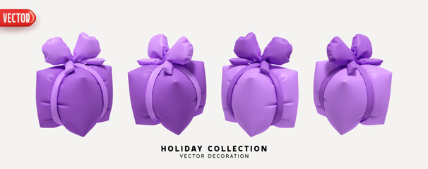 Poster - Lilac Set of air inflated helium gifts box. Blown polyethylene gifts boxes of square cubic shape. Collection of realistic 3d gift presents. Festive decorative design elements. Vector illustration