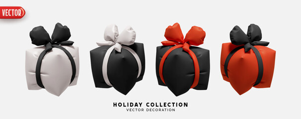 Poster - Set of air inflated helium gifts box. Blown polyethylene gifts boxes of square cubic shape. Collection of realistic 3d black red gift presents. Festive decorative design elements. Vector illustration