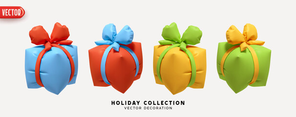 Poster - Set of air inflated helium gifts box. Blown polyethylene gifts boxes of square cubic shape. Collection of realistic 3d colorful gift presents. Festive decorative design elements. Vector illustration