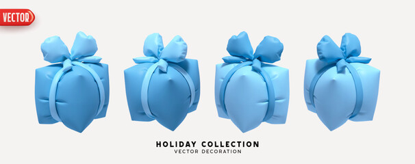 Poster - Blue Set of air inflated helium gifts box. Blown polyethylene gifts boxes of square cubic shape. Collection of realistic 3d blue gift presents. Festive decorative design elements. Vector illustration