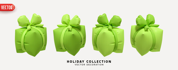 Poster - Green Set of air inflated helium gifts box. Blown polyethylene gifts boxes of square cubic shape. Collection of realistic 3d gift presents. Festive decorative design elements. Vector illustration