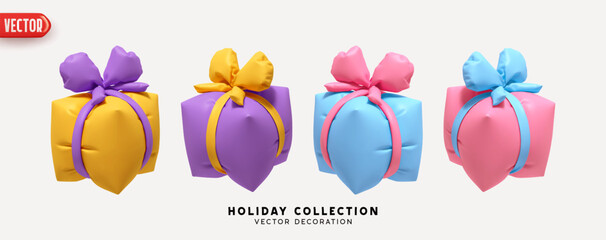 Poster - Set of air inflated helium gifts box. Blown polyethylene gifts boxes of square cubic shape. Collection of realistic 3d colorful gift presents. Festive decorative design elements. Vector illustration