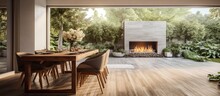 Sunny dining space with fireplace and outdoor deck access With copyspace for text