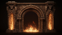 Ancient Classic Architecture Stone Arches With Flames. Ai Generative