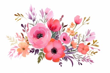 Wall Mural - Generative AI : Watercolor floral bouquet - illustration with bright pink vivid flowers. 