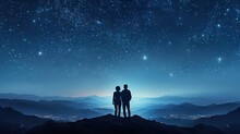 Dark Silhouette Of Young Couple Hiker Were Standing At The Top Of The Mountain Looking At The Stars At Twilight Sky.