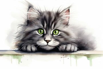 Aufkleber - Generative AI : Funny longhair gray kitten with beautiful big green eyes lying on white table. 