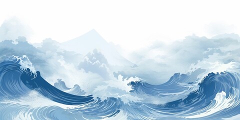  Generative AI : Blue brush stroke texture with Japanese ocean wave pattern in vintage style. Abstract art landscape banner design with watercolor texture