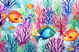 Fototapeta Dziecięca - Generative AI : Watercolor style cute vibrant sea life with coral reefs, fish and marine creatures.
