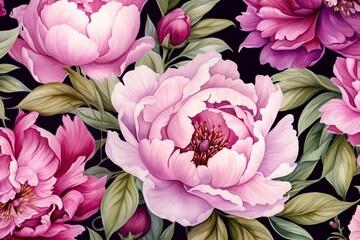 Wall Mural - Generative AI : Beautiful peony flowers with leaves on background. Seamless floral pattern, 