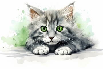 Aufkleber - Generative AI : Funny longhair gray kitten with beautiful big green eyes lying on white table. 