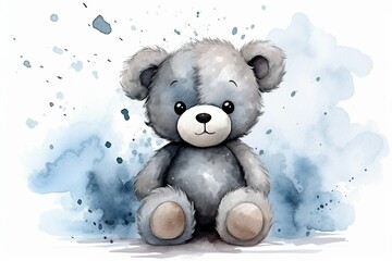 generative ai : teddy bear of gray-blue color sits cute soft children's toy watercolor hand drawn il