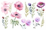Generative AI : watercolor bouquets set with anemone, peonies flowers and herb 