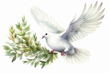 Generative AI : Flying White Dove And Olive Branch Watercolor Illustration. 