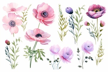 Wall Mural - Generative AI : watercolor bouquets set with anemone, peonies flowers and herb 