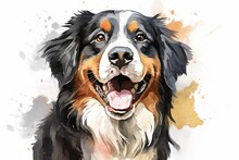 Generative AI : Bernese Mountain Dog Watercolor Portrait Painting Illustrated Dog Puppy Isolated On White Background
