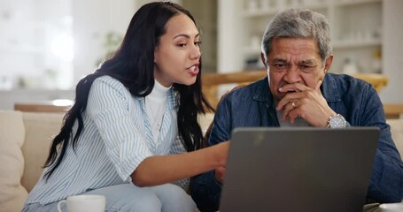 Poster - Talking, good news and a daughter with father and an email on a laptop and reading results online. House, family and a woman with a senior dad and computer for communication on health on the web