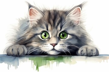 Aufkleber - Generative AI : Funny longhair gray kitten with beautiful big green eyes lying on white table. 