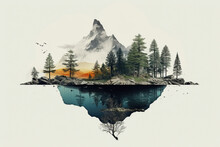 Illustration AI De Collage Symbolique  De Nature Avec Arbre Roche Sur Fond Blanc
