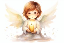 Generative AI : Cute Angel With A Candle In Hands Watercolor Cartoon On White Background