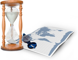 Poster - Digital png illustration of map, compass and hourglass on transparent background
