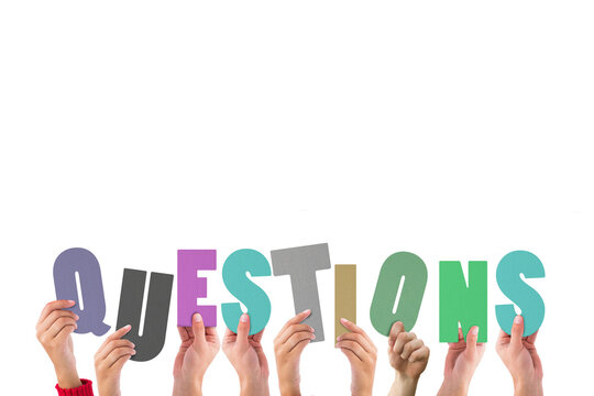 Digital png illustration of hands and questions text on transparent background