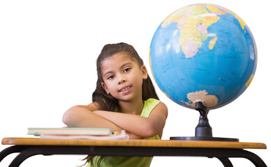 Poster - Digital png photo of biracial schoolgirl at desk with books and globe on transparent background