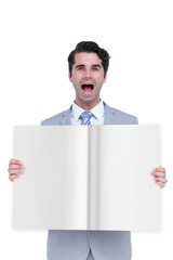 Poster - Digital png photo of caucasian businessman holding sheet of paper on transparent background