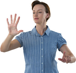 Poster - Digital png photo of caucasian businesswoman pointing on transparent background