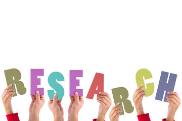 Leinwandbilder - Digital png illustration of hands with research text on transparent background