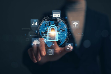 Poster - Businessman finger touching padlock icon.Cybersecurity protection concept.Innovative digital crime prevention technology.Financial data protection financial transaction security.