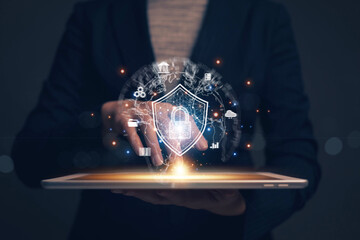 Poster - Businessman finger touching padlock icon.Cybersecurity protection concept.Innovative digital crime prevention technology.Financial data protection financial transaction security.