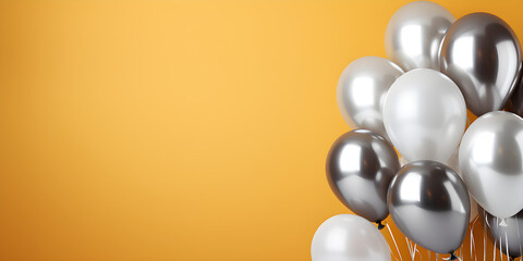 silver and gold balloons isolated on empty golden yellow wall background with copy space