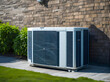 Air conditioning outdoor unit in modern house of future using green electric energy, heat pump - efficient source of heat