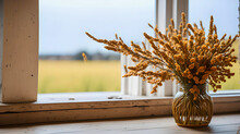 Vase Of Dried Yellow Flowers On Windowsill. Style Home Interior Decor.