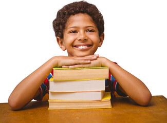 Sticker - Digital png photo of happy biracial schoolboy with books on transparent background