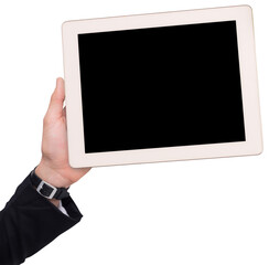 Poster - Digital png photo of hand holding tablet on transparent background