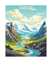Vector Art Of Glacier National Park. Template Of Illustration Graphic Modern Poster For Art Prints Or Banner Design