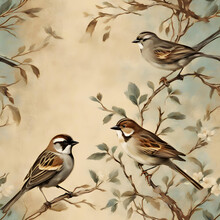 Vintage Wallpaper Design, Long Twigs And Sparrow Background