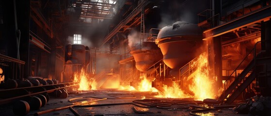 Poster - Steel-making furnaces at work in a large steel plant