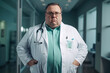 © Niks Ads - Overweight or fat doctor in uniform with stethoscope.
