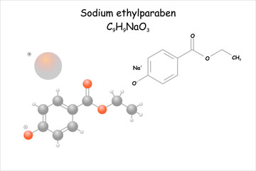 Wall Mural - Sodium ethylparaben. Stylized molecule model and structural formula.