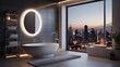 Modern bathroom interior with city view with mirror