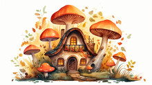 Watercolor Autumn Pumpkin And Mushroom